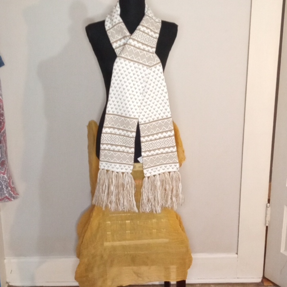 3/$25 White & Gold Patterned Scarf with Fringe